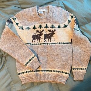 Vintage Wool L.L. Bean Gray Sweater with Moose and Tree Pattern